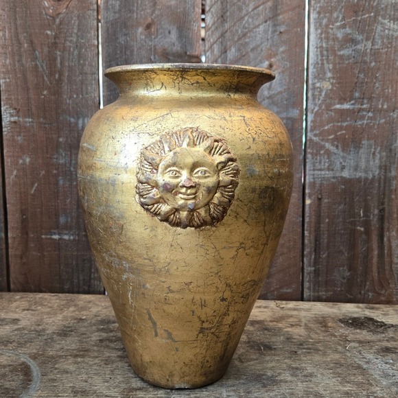 Other - Vintage Florentine Sun Face Vase Handmade Terracotta Gold Finish Celestial